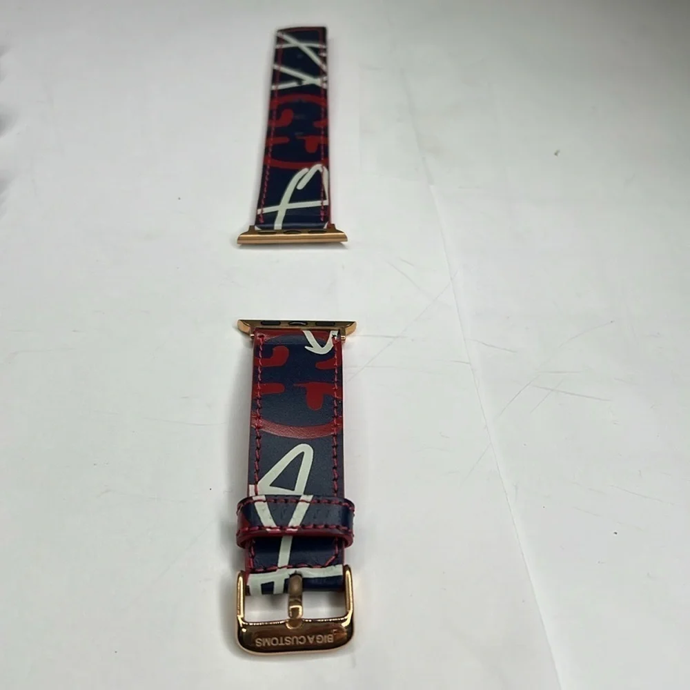 Big A Customs Logo Leather Blue Red White Apple Watch Band Rose Gold Hardware